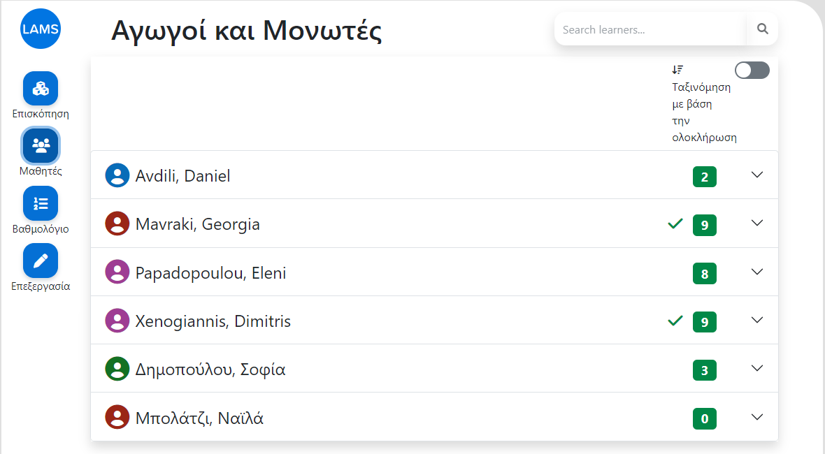 e-me LAMS: Παράθυρο εποπτείας μαθήματος - Καρτέλα «Μαθητές»: 
Λίστα μελών κυψέλης στα οποία έχει γίνει ανάθεση του μαθήματος

