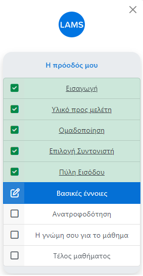 e-me LAMS: Στήλη προόδου ολοκλήρωσης μαθήματος